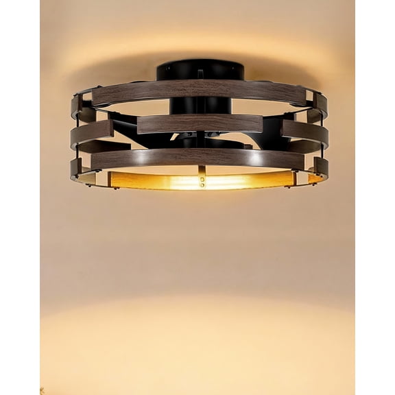Roomratv 20'' Iron Caged Ceiling Fan with Remote, Farmhouse Fandelier Ceiling Fan with Lights Flush Mount, ,Enclosed Small Fan Light Fixtures Low Profile for Rustic Bedroom Kitchen