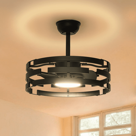 Roomratv 20'' Iron Caged Ceiling Fan with Remote, Farmhouse Fandelier Ceiling Fan with Lights Flush Mount, ,Enclosed Small Fan Light Fixtures Low Profile for Rustic Bedroom Kitchen