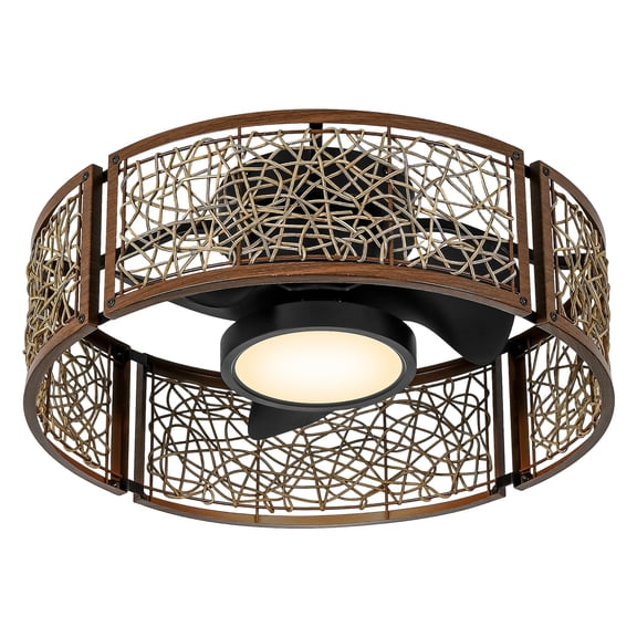 Roomratv 20'' Iron and Natural Rattan Caged Ceiling Fan with Remote, Farmhouse Fandelier Ceiling Fan with Lights Flush Mount, ,Enclosed Small Fan Light Fixtures Low Profile for Rustic Bedroom Kitchen