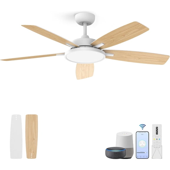 Roomratv 52 Inch Smart Ceiling Fan with Light,App Control,Ultra Silent Reversible DC Motor Fan Remote Control Compatible with Alexa Google home