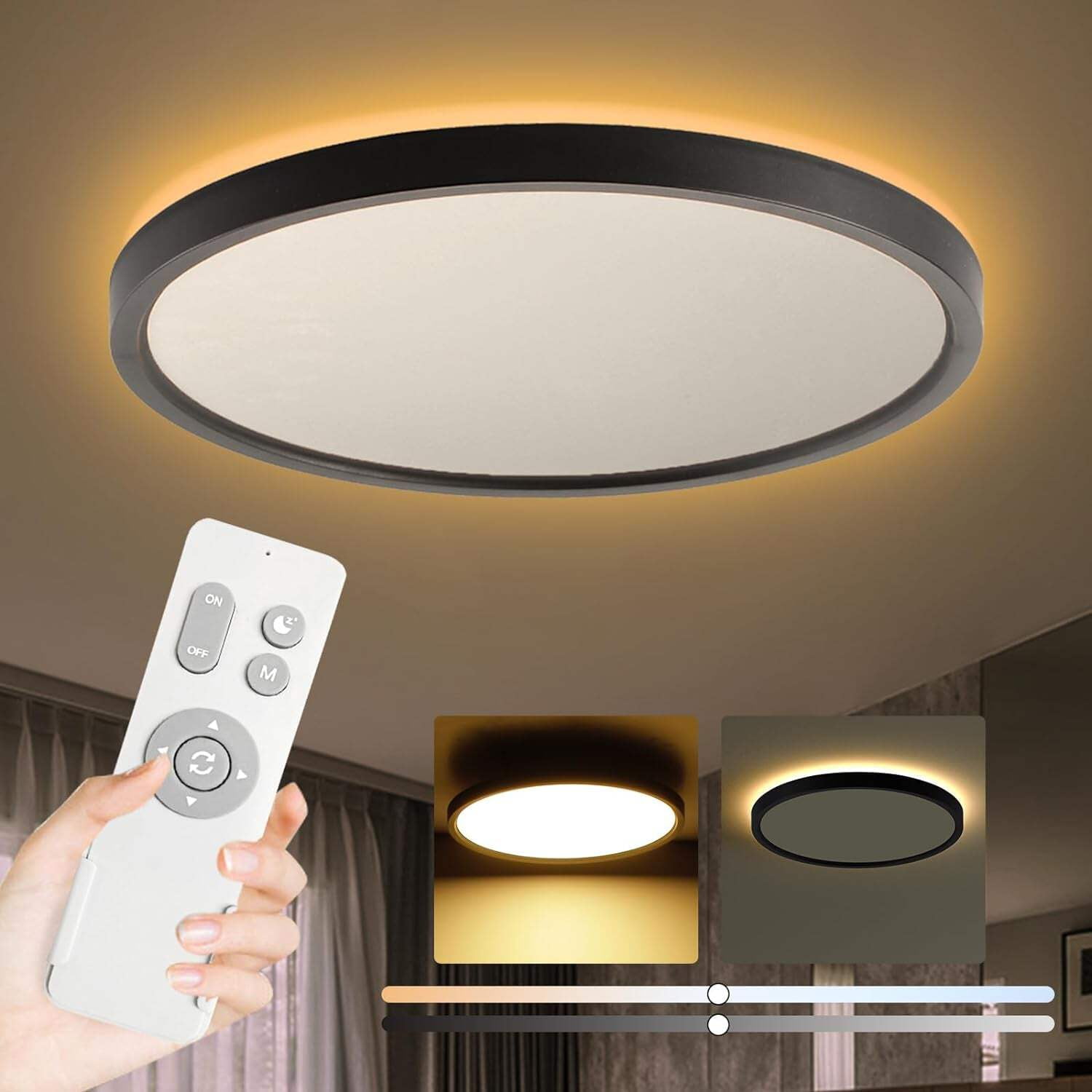 Black Adjustable LED Round Flush Mount Ceiling Light with Remote