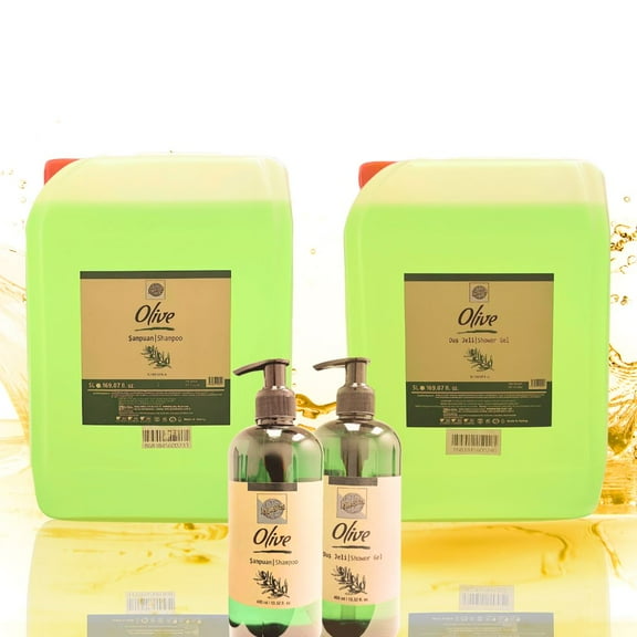 Roomsium Olive Bulk Shampoo & Shower Gel Set  1.3 Gallon Each + 13.52 fl oz Refillable Dispensers  Eco-Friendly & Paraben-Free Made in Turkey