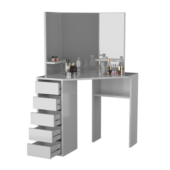 Roomsmart Corner Makeup Vanity Desk with 3 Mirrors and 5 Drawers