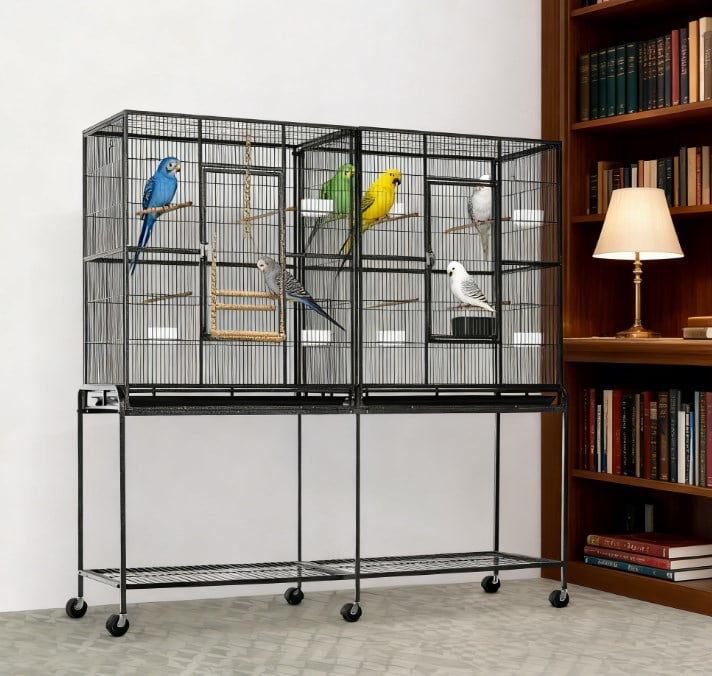 Roomy Bird House, Rolling Bird Cage with Storage Shelf Wood Perch Food Container