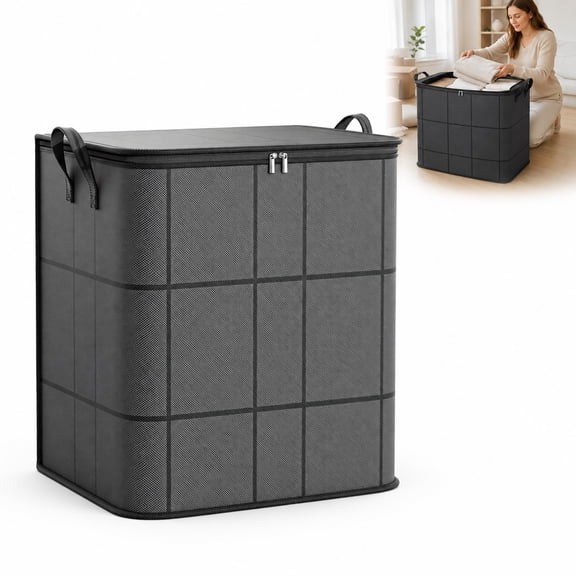 Roomy Fabric Storage Tote with Secure Zipper, Large Capacity Folding Storage Bag for Quilts Bedding Clothes Sweaters Closet Organization Moving