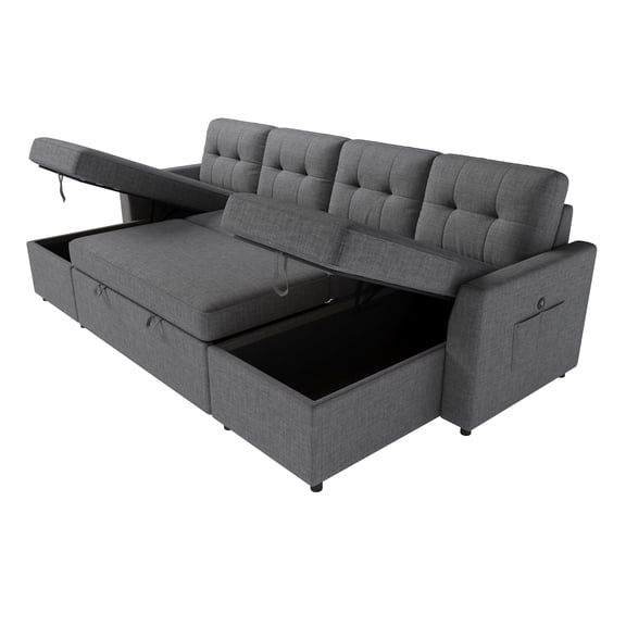 Roomy Homy 112" Sectional Sofa with Double Storage Chaise,Reversible Pull Out Couch for Living Room,Gray