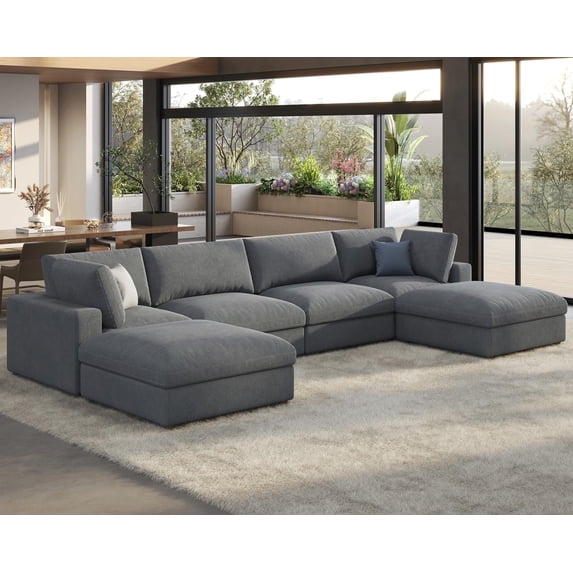 Roomy Homy Modular Sectional Sofa, 152 Inches Down Filled Sectional Sofa, 6 Seats U Shaped Cloud Couch with Chaise, Ottoman, Oversized Couch for Living Room, Grey Linen Couch Set