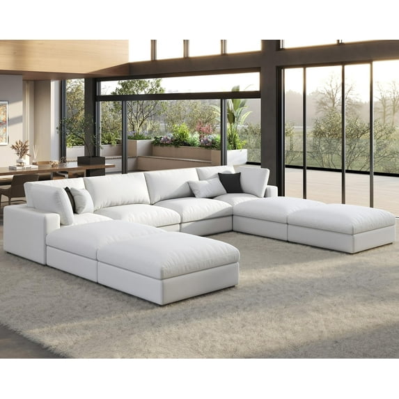 Roomy Homy Modular Sectional Sofa, 152 Inches Down Filled Sectional Sofa, 8 Seats U Shaped Cloud Couch with Chaise, Ottoman, Oversized Couch for Living Room, White Linen Couch Set