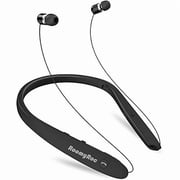 RoomyRoc Bluetooth Headphones, Wireless Neckband Headset Evoking Siri & Bixby with Retractable Earbuds, Sports Sweat-Proof Noise Cancelling Foldable Stereo Earphones with Mic Black