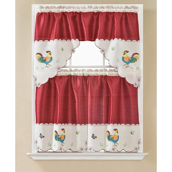 Rooney Embroidery Rooster Kitchen Semi Sheer Curtains Glam Embroidery Solid, 60” x 36” (3 Panels)