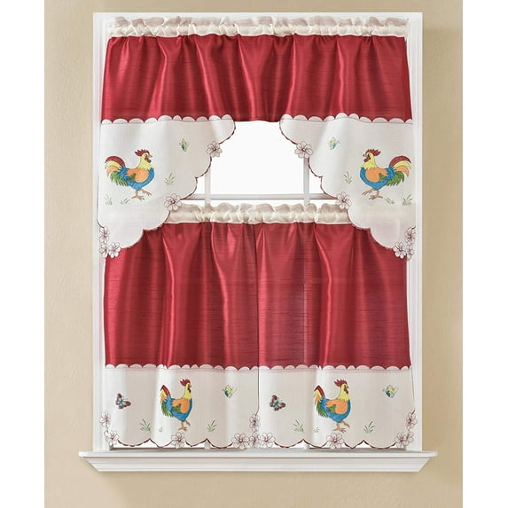 Rooney Embroidery Rooster Kitchen Semi Sheer Curtains Glam Embroidery Solid, 60” x 36” (3 Panels)
