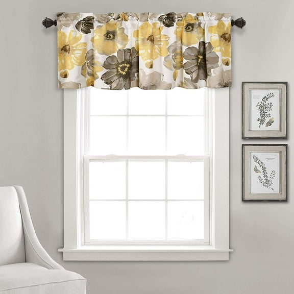 Rooney Floral Print Room Darkening Rod Pocket Top Window Curtain Valance (52" X 18”, Yellow & Gray)