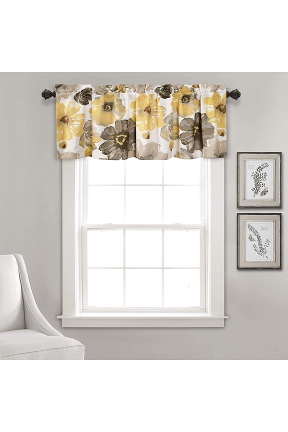 Floral Print Room Darkening Rod Pocket Top Window Curtain Valance (52" X 18”, Yellow & Gray)
