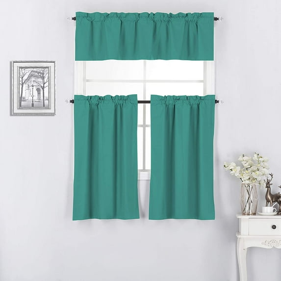 Rooney Luxury Modern Teal Solid Print Solid Rod Pocket Blackout Kitchen Curtain Sets, 14 x 60 in (3 Panels)