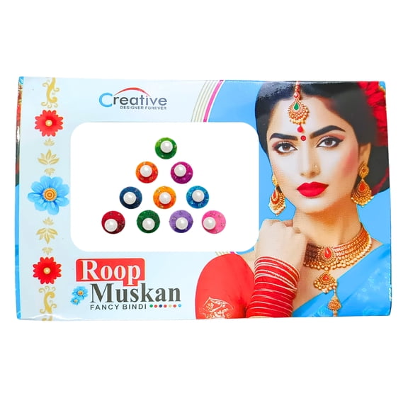 Roop Muskan Fancy Bindi Stickers Multicolor Round Glitter Bindis with Pearl Center, Self Adhesive for Festivals and Weddings