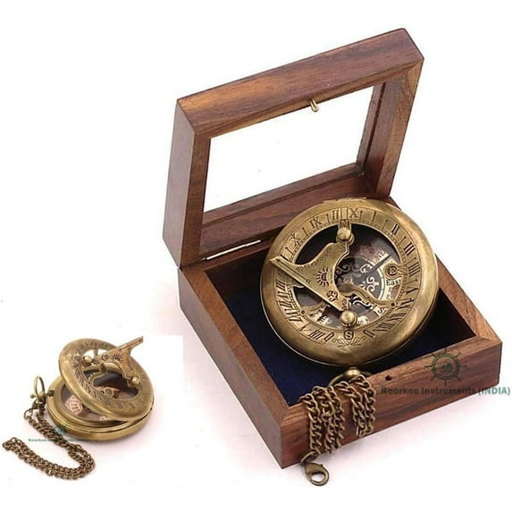 Roorkee Instruments Antique Nautical Vintage Directional Magnetic Sundial Clock Pocket Marine Compass Essential Baptism Gifts with Wooden Display Case for Loved Ones, Son, Partner, Spouse, Fiancé 4"…