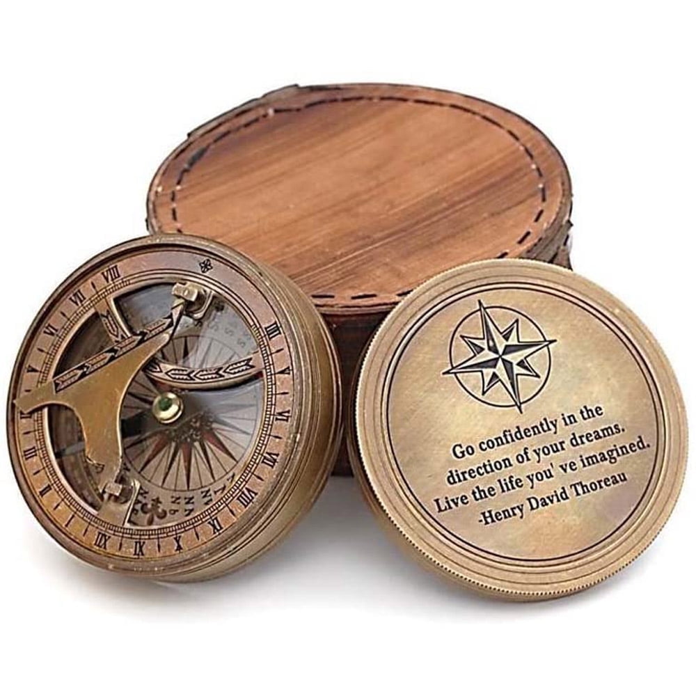 Roorkee Instruments (India) Brass Bronze Finish Sundial Compass with Wooden Case – Engraved Quote “Go Confidently” – Ideal for Hiking, Camping & Outdoor Adventure