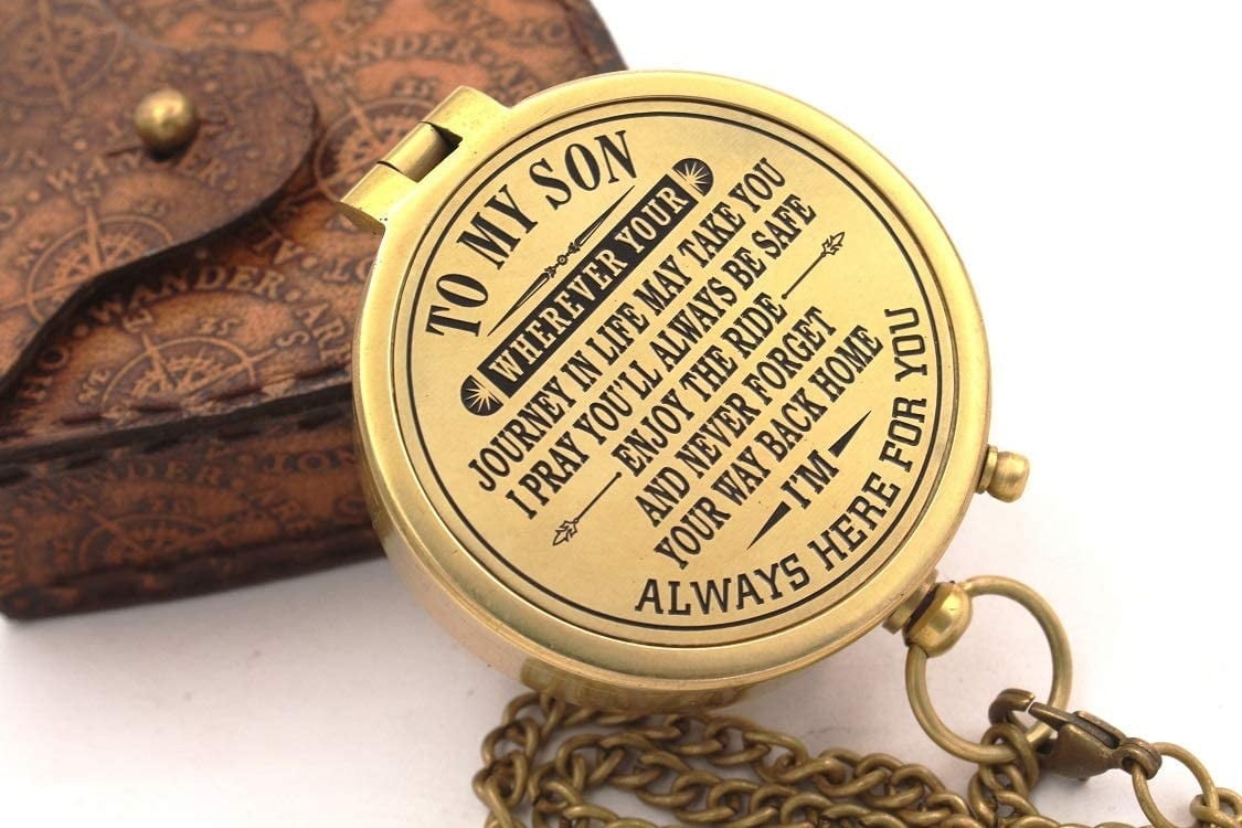 Roorkee Instruments India Brass Golden Colored Engraved Compass with Imprinted Case