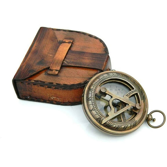Roorkee Instruments India Brass & Leather Antique Sundial Compass, Push Button
