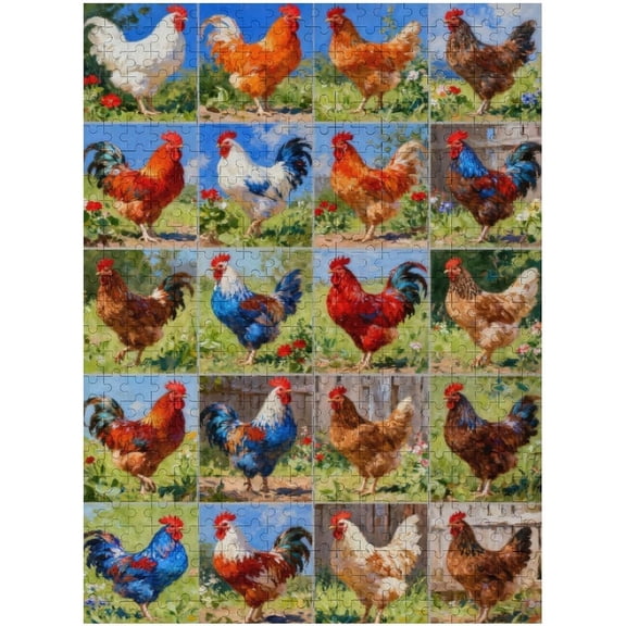 Roose Farm Chicken Collage 500 Piece Jigsaw Puzzle for Adults, Vibrant Country Artwork with Hens and Fields, Rustic Farm Theme Puzzle Gift, 20.5x15 in