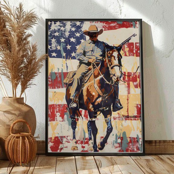 Roosevelt Riding Animated Style Wall Decor Usa Flag Background 4Th Of July Print 250 Years Of America Unique Gift Modern Home Decor, Unframed Paper Print