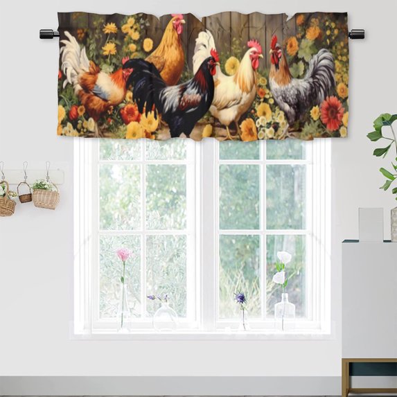 Rooste Window Curtain Valance American Western Farm Watercolor Sunflower and Chicken Window Valance for Living Room Bedroom, Kitchen Valance Rod Pocket Window Curtain 54 by 18 in, 1 Panel