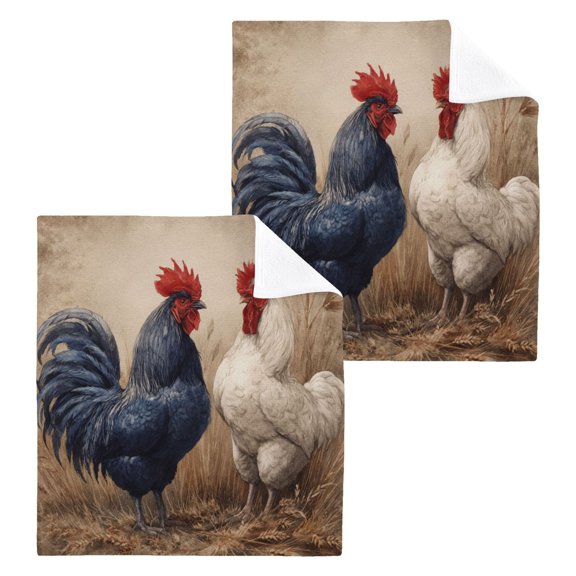 Rooster 100% Cotton Face Towel 12x12in Soft Absorbent Washcloth Durable Printed Hand Towels for Bathroom Travel 2 Pcs