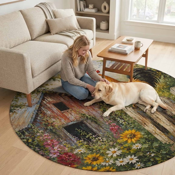 Rooster 7FT Round Area Rugs for Living Room Rustic Farmhouse Country Wood Fence Red Barn Sunflower Ultra-Thin Non-Slip Round Rugs Washable Low Pile Circle Carpet for Bedroom Kitchen Nursery