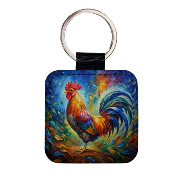 Rooster Abstract Art Faux Leather Square Keychain