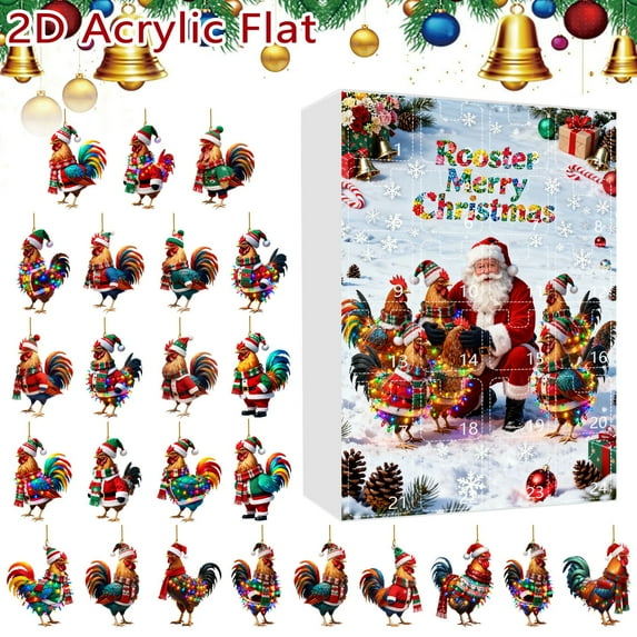 Rooster Advent Calendar 2025 with Santa Hats 2D Countdown Calendar, 24 Days Christmas Tree Hanging Ornaments for Family Classroom Holiday Decoration