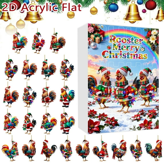 Rooster Advent Calendar 2025 with Santa Hats 2D Countdown Calendar, 24 Days Christmas Tree Hanging Ornaments for Family Classroom Holiday Decoration