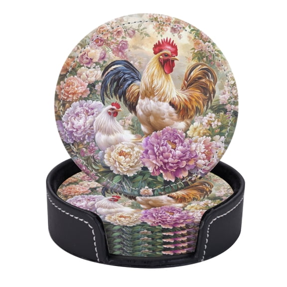 Rooster And Hen Surrounded By Colorful Flowers