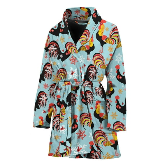 Rooster And Snowflake Pattern Women Bathrobe One Size Univeral Fits, Chicken Rooster Fashion Lightweight Plush Fleece Long Robe For Women