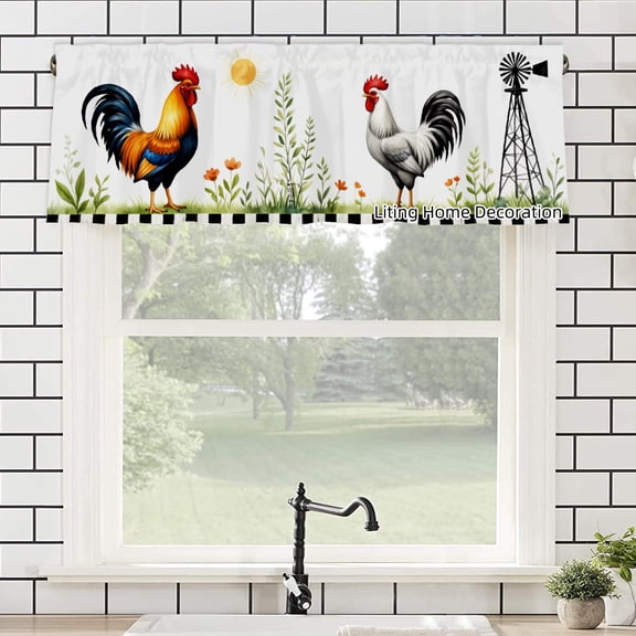 Rooster And Windmill Rod Pocket Polyester kitchen Curtain Valances for Windows For Indoor Living Room Bedroom Kitchen Decoration 54x18 inch