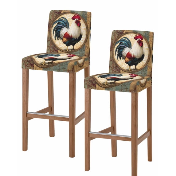 Rooster Bar Stool Covers Set of 2, Vintage Rustic Farmhouse Style Oil Painting Stretch Washable Bar Chair Covers with Backs, Removable Pub Counter Height Chair Cover for Kitchen Dining Room Cafe