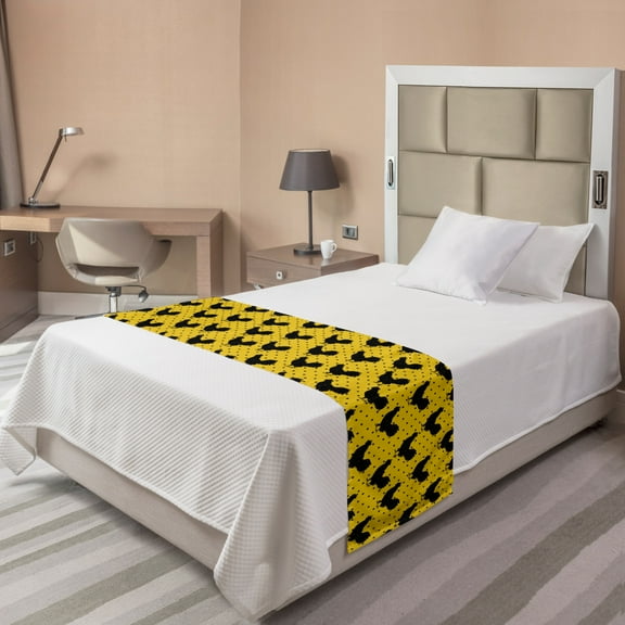 Rooster Bed Runner, Repeating Animal Silhouettes Placed on a Polka Dotted Background, Decorative Accent Bedding Scarf for Hotels Homes and Guestrooms, Twin, Yellow Charcoal Grey, by Ambesonne