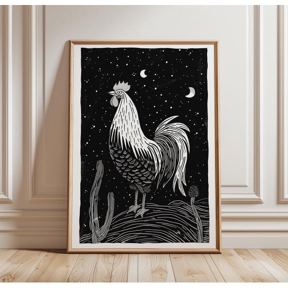 Rooster Black And White Bird Minimal Line Illustration Decor Unframed Paper Print