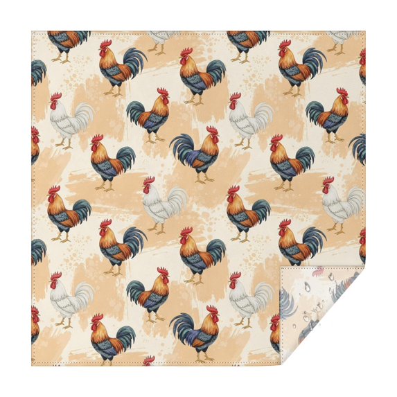 Rooster and Brushstroke Cream Pattern Square Tablecloth, Waterproof Wipeable Spillproof Washable Table Cover for Home Kitchen Party and Daily Decor 52"x52"
