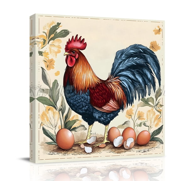 Rooster Canvas Wall Art for Living Room, Vintage Country Flower Red Blue Chicken Eggs Farmhouse Poster Print Painting for Bedroom Office Home Decoration Wall Pictures Prepare To Hang 8"x8"