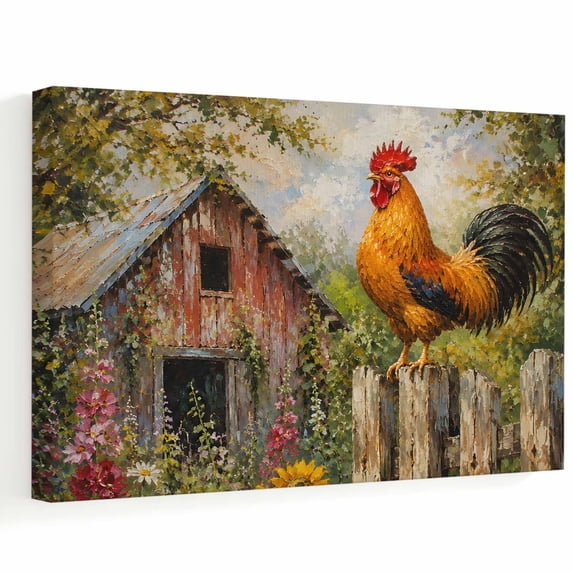 Rustic Country Office Rooster Canvas Wall Art, Rustic Farmhouse Country Wood Fence Red Barn ...