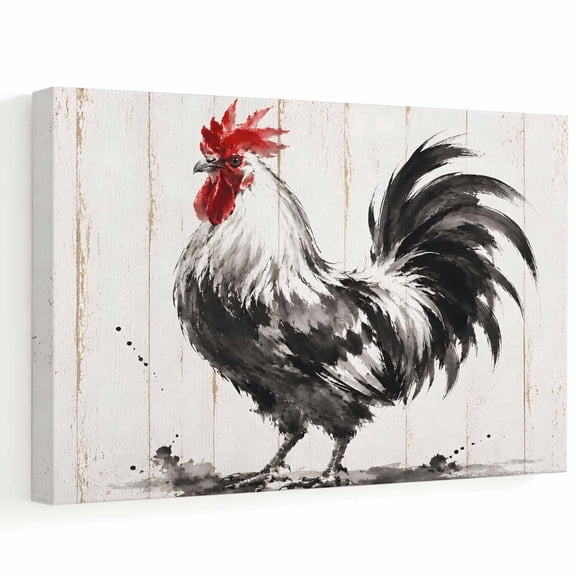 Rooster Canvas Wall Art, Rustic Farmhouse Watercolor Black White Animal Wood Grain Wall Art Prints Artwork Framed Canvas Ready to Hang Art Pictures for Bathroom, Dressing Table, Entryway 12" x 8"