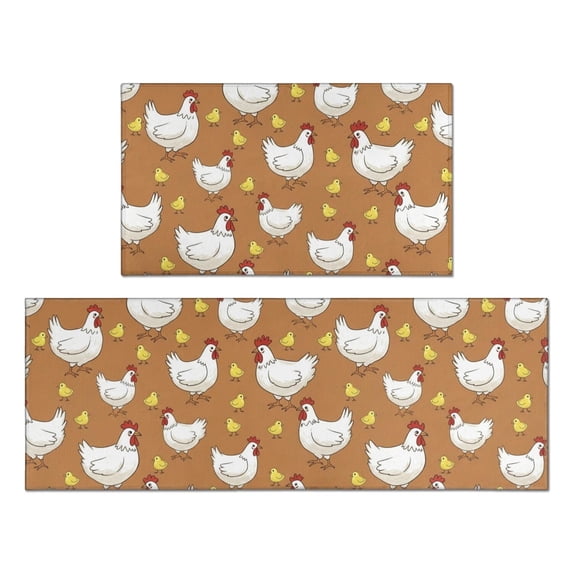Rooster and Chick Brown Pattern Anti Fatigue Kitchen Rugs Set Of 2, Non Slip Washable Decorative Floor Mats for Kitchen Sink Laundry, 17"x30" and 17"x47"