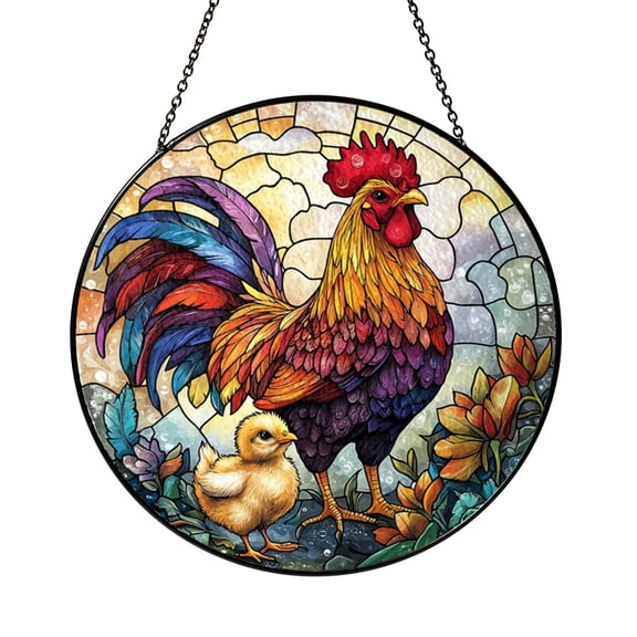 Rooster Chick Stained Glass Window Hanging Countryside Farm Decor Charming Home Accent