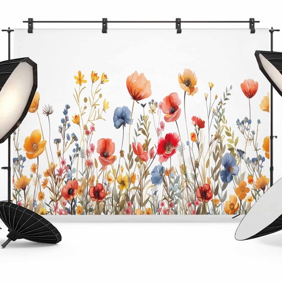 Yellow and Backdrop for Photography, Red Poppy Watercolor Floral Plants Photo Backdrop Portrait Background Party Banner Photo Backgrounds for Studio Booth Props, 8x6ft