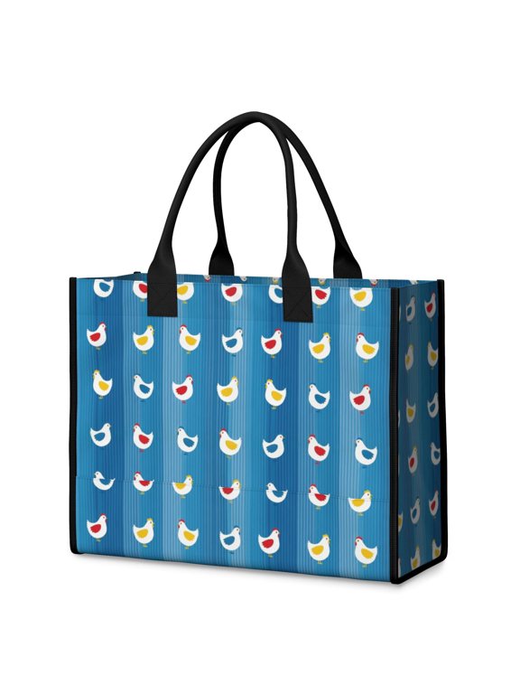 Rooster and Chicken Blue Pattern Beach Tote Bag, Shopping Carry Tote with Inner Pocket & Removable Bottom, Padded Handles Gifts for Beach Travel Picnic