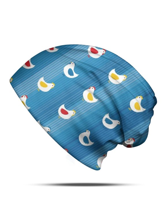 Rooster and Chicken Blue Pattern Slouchy Beanie Hat, Outdoor Running Beanie with Stretchy Fabric & Soft Texture, Lightweight Flexible Gifts for Birthday Christmas Thanksgiving