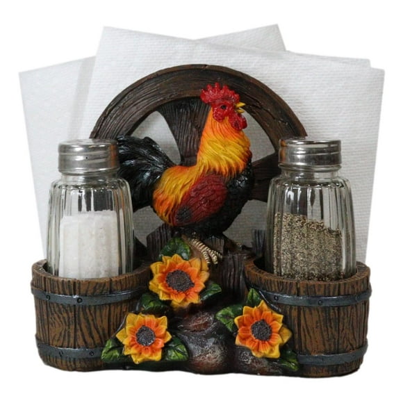 Rooster Chicken By Farm Barrels Wagon Wheels Napkin & Salt Pepper Shakers Holder