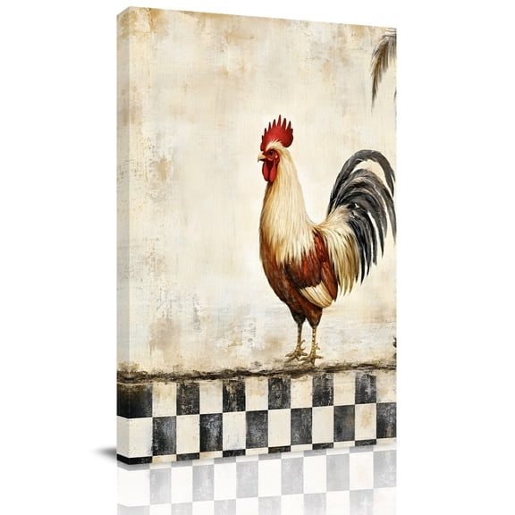 Rooster Chicken Canvas Wall Art for Living Room, Black Plaid Watercolor Vintage Texture Farm Poster Print Painting for Bedroom Office Home Decoration Wall Pictures Prepare To Hang 22"x28"
