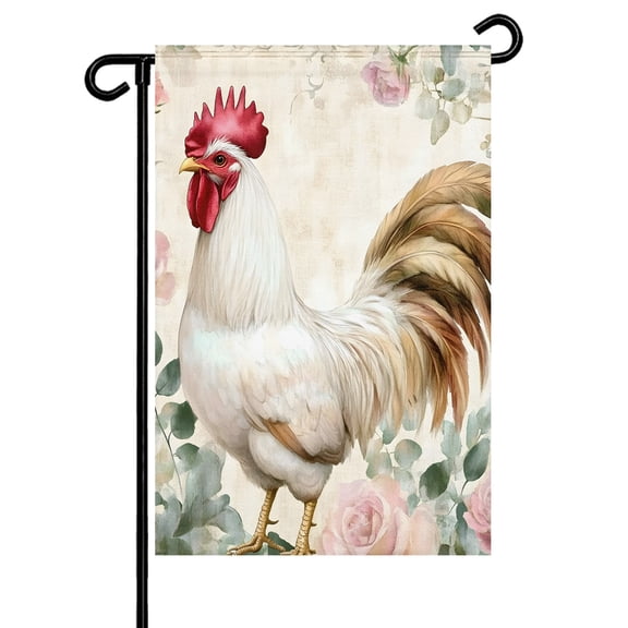 Rooster Chicken Garden Flag 12x18 Inch Pink Rose Flowers Watercolor Vintage Farm Double Sided Small Decorative Garden Flags for Outside, Outdoor Yard Porch Lawn Decoration