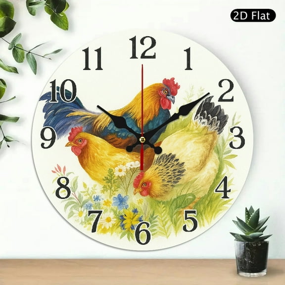 Rooster Chicken Grass Rooster Chicken Grass Theme Round Wall Clock, Decorative Wood Clock Home